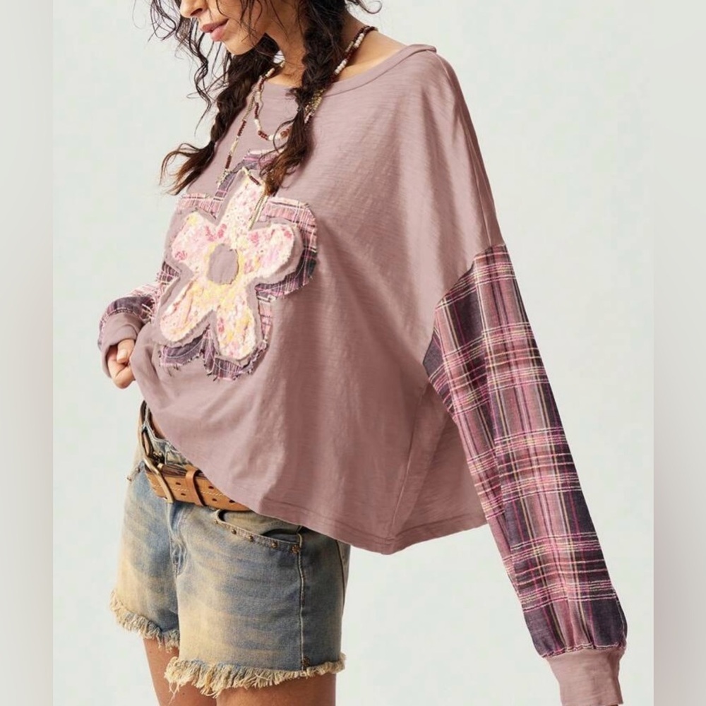 Plaid Patchwork Flower Top NWT - image 6